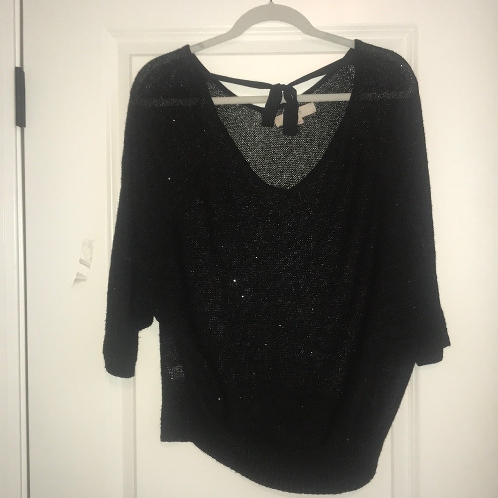 LOFT Black Sequin Top with Tie in Front